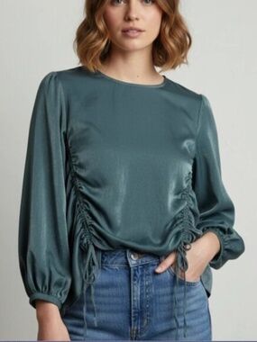 Zara Women's Top Ruched Front Teal Size Medium Satin Hi-Lo Work Casual